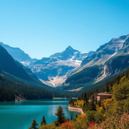 A beautiful landscape with mountains, a serene lake, and a clear blue sky