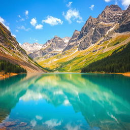 A beautiful landscape with mountains, a serene lake, and a clear blue sky