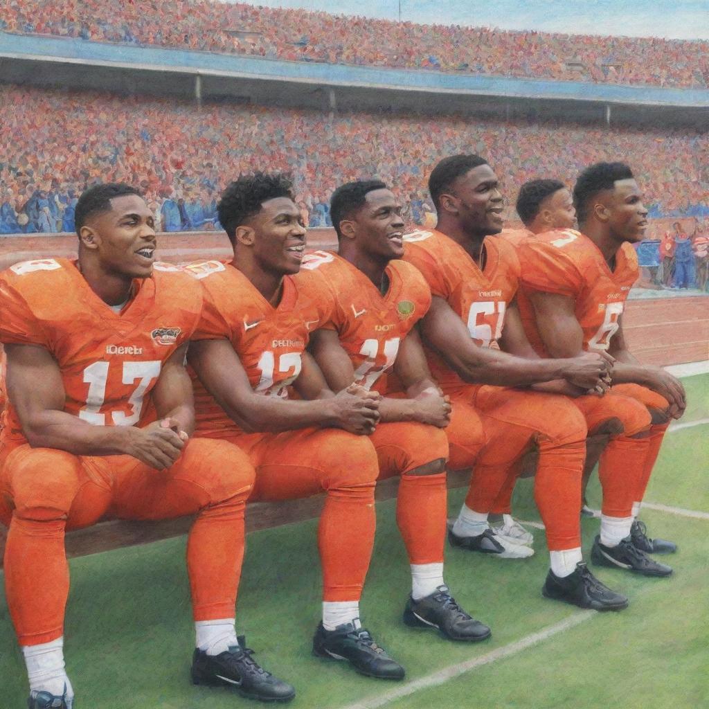 Same scene as before but reimagined as a vibrant colored pencil sketch: a group of football players sitting on a sideline bench in their kits, with a cheering crowd in the stadium background.