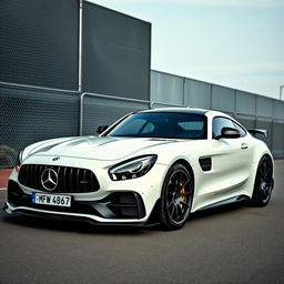 A Mercedes AMG GT equipped with an aggressive bodykit made entirely of carbon fiber