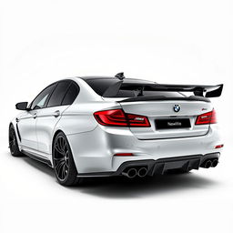 A BMW M5 equipped with an aggressive bodykit made entirely of carbon fiber, featuring a prominent big wing at the rear