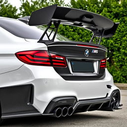 A BMW M5 equipped with an aggressive bodykit made entirely of carbon fiber, featuring a prominent big wing at the rear