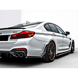 A BMW M5 equipped with an aggressive bodykit made entirely of carbon fiber, featuring a prominent big wing at the rear