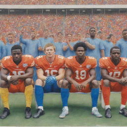 Same scene as before but reimagined as a vibrant colored pencil sketch: a group of football players sitting on a sideline bench in their kits, with a cheering crowd in the stadium background.