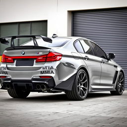 A BMW M5 equipped with an aggressive bodykit made entirely of carbon fiber, featuring a prominent big wing at the rear