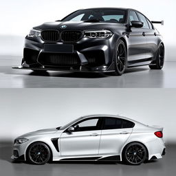 A BMW M5 equipped with an aggressive bodykit made entirely of carbon fiber