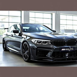 A BMW M5 equipped with an aggressive bodykit made entirely of carbon fiber