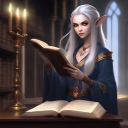 A dark elf female apprentice librarian holding a magic book