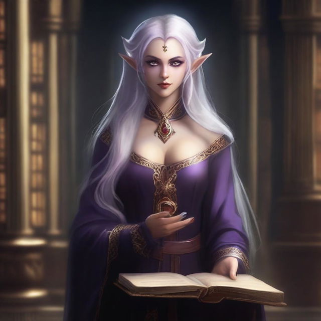 A dark elf female apprentice librarian holding a magic book