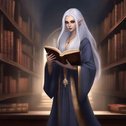 A dark elf female apprentice librarian holding a magic book