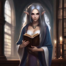 A dark elf female apprentice librarian holding a magic book