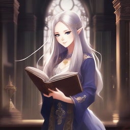 An anime-style depiction of a dark elven female apprentice librarian holding a magic book