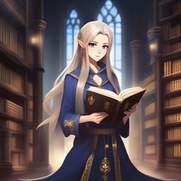 An anime-style depiction of a dark elven female apprentice librarian holding a magic book