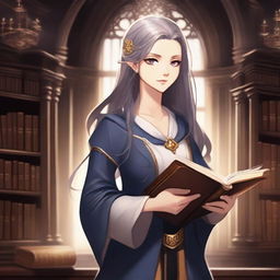 An anime-style depiction of a dark elven female apprentice librarian holding a magic book