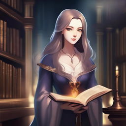 An anime-style depiction of a dark elven female apprentice librarian holding a magic book