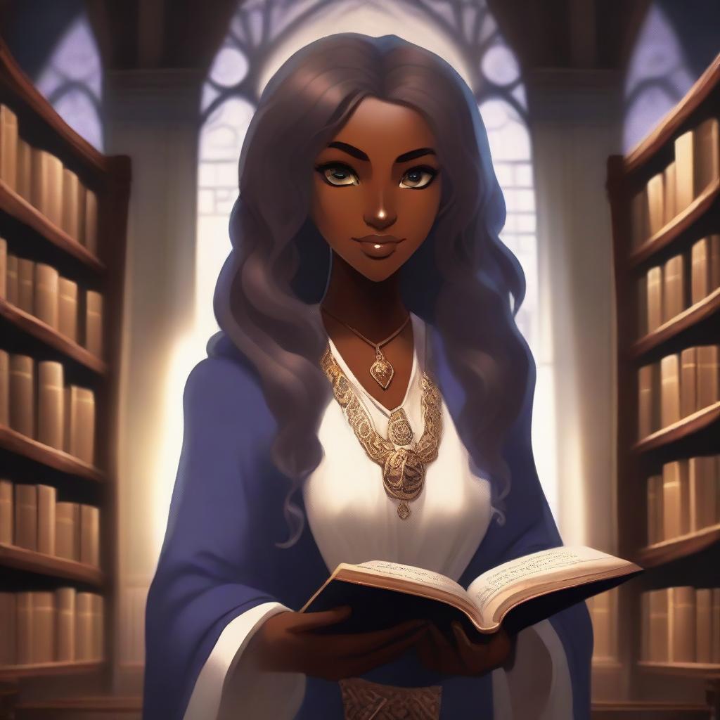 An anime-style depiction of a dark-skinned elven female apprentice librarian holding a magic book