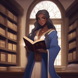 An anime-style depiction of a dark-skinned elven female apprentice librarian holding a magic book