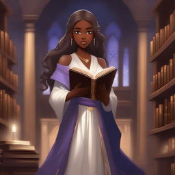 An anime-style depiction of a dark-skinned elven female apprentice librarian holding a magic book