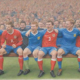 The same image of football players on a bench, but now rendered as a vibrant coloured pencil sketch, with the players in their kits and the cheering crowd in the background.