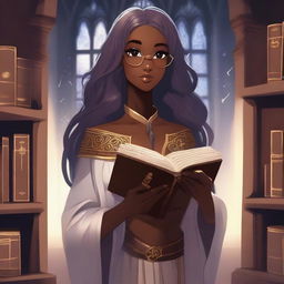 An anime-style depiction of a dark-skinned elven female apprentice librarian holding a magic book