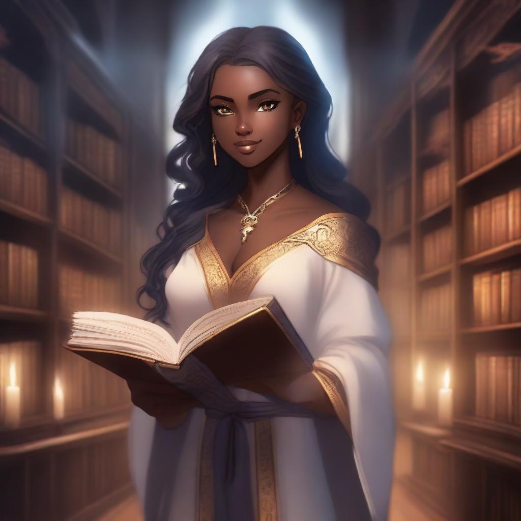 An anime-style depiction of a dark-skinned elven female apprentice librarian holding a magic book