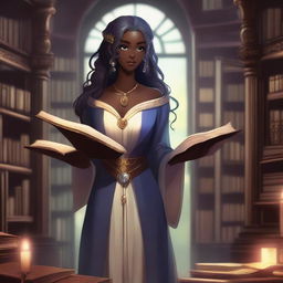 An anime-style depiction of a dark-skinned elven female apprentice librarian holding a magic book