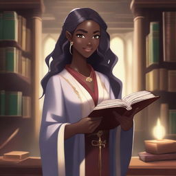 An anime-style depiction of a dark-skinned elven female apprentice librarian holding a magic book