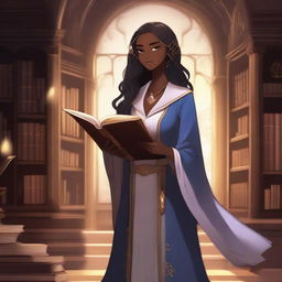 An anime-style depiction of a dark-skinned elven female apprentice librarian holding a magic book