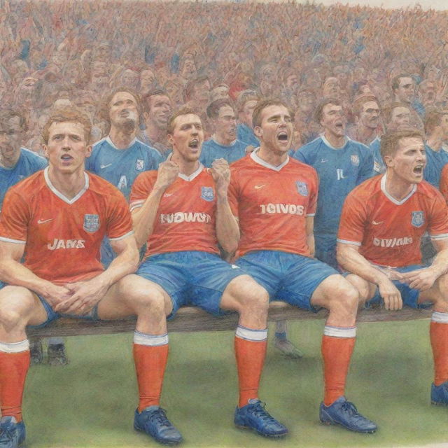 The same image of football players on a bench, but now rendered as a vibrant coloured pencil sketch, with the players in their kits and the cheering crowd in the background.