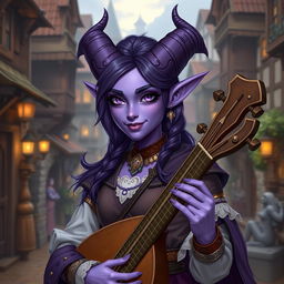 A tiefling bard girl with purple skin