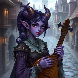 A tiefling bard girl with purple skin