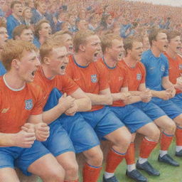 The same image of football players on a bench, but now rendered as a vibrant coloured pencil sketch, with the players in their kits and the cheering crowd in the background.