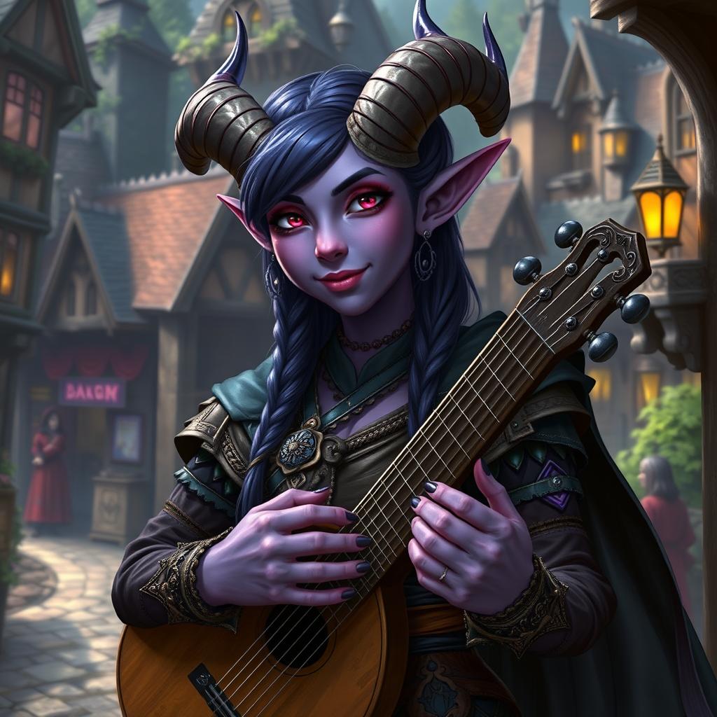 A tiefling bard girl with purple skin