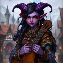 A tiefling bard girl with purple skin