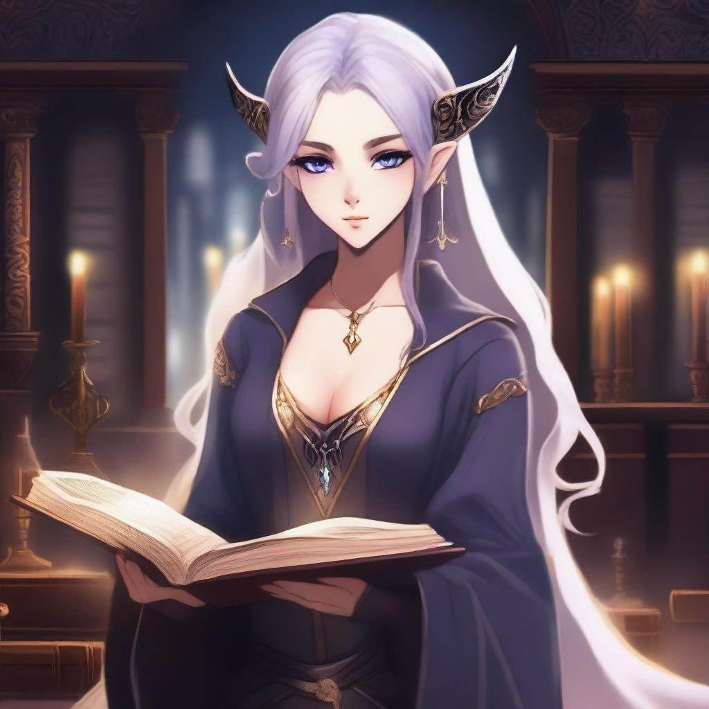 An anime-style depiction of a dark elf female apprentice librarian holding a magic book