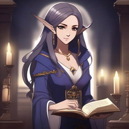 An anime-style depiction of a dark elf female apprentice librarian holding a magic book