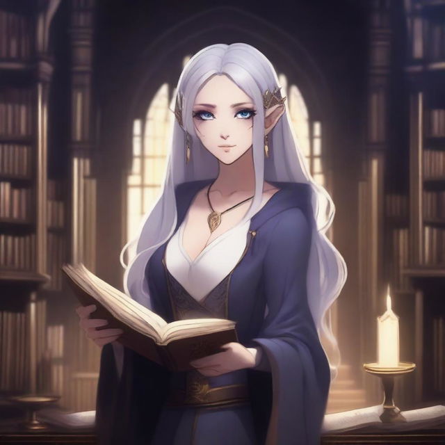 An anime-style depiction of a dark elf female apprentice librarian holding a magic book