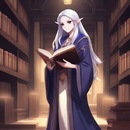 An anime-style depiction of a dark elf female apprentice librarian holding a magic book