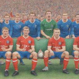 The same image of football players on a bench, but now rendered as a vibrant coloured pencil sketch, with the players in their kits and the cheering crowd in the background.