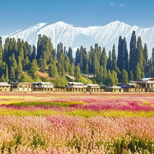 Beautiful Kashmiri scenery with vibrant saffron fields, snow-capped mountains, serene Dal Lake with shikaras, and traditional wooden houses, in an overall tranquil setting