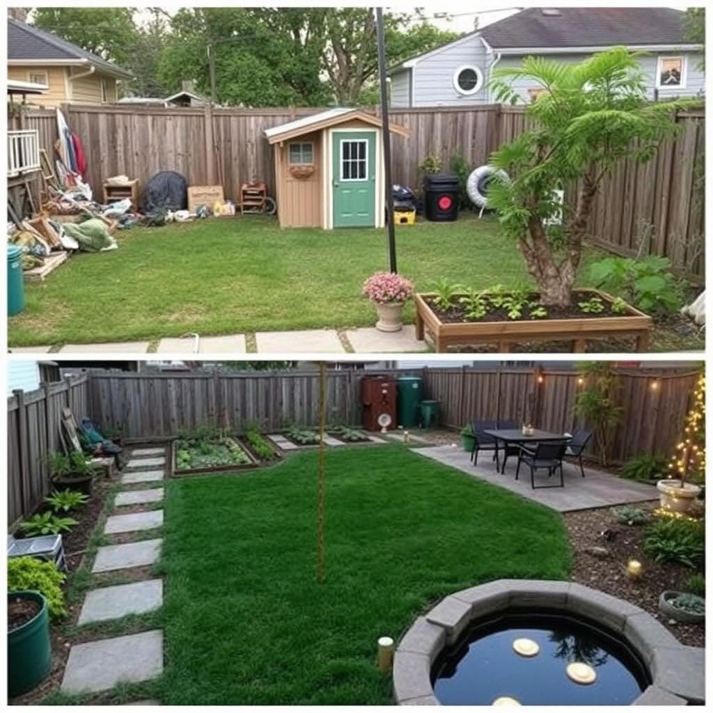 A complete transformation of a backyard space that was previously dirty and filled with trash and garbage