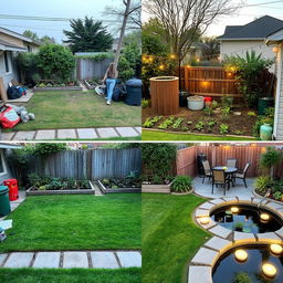 A complete transformation of a backyard space that was previously dirty and filled with trash and garbage