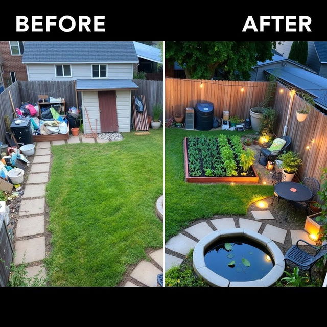 A complete transformation of a backyard space that was previously dirty and filled with trash and garbage