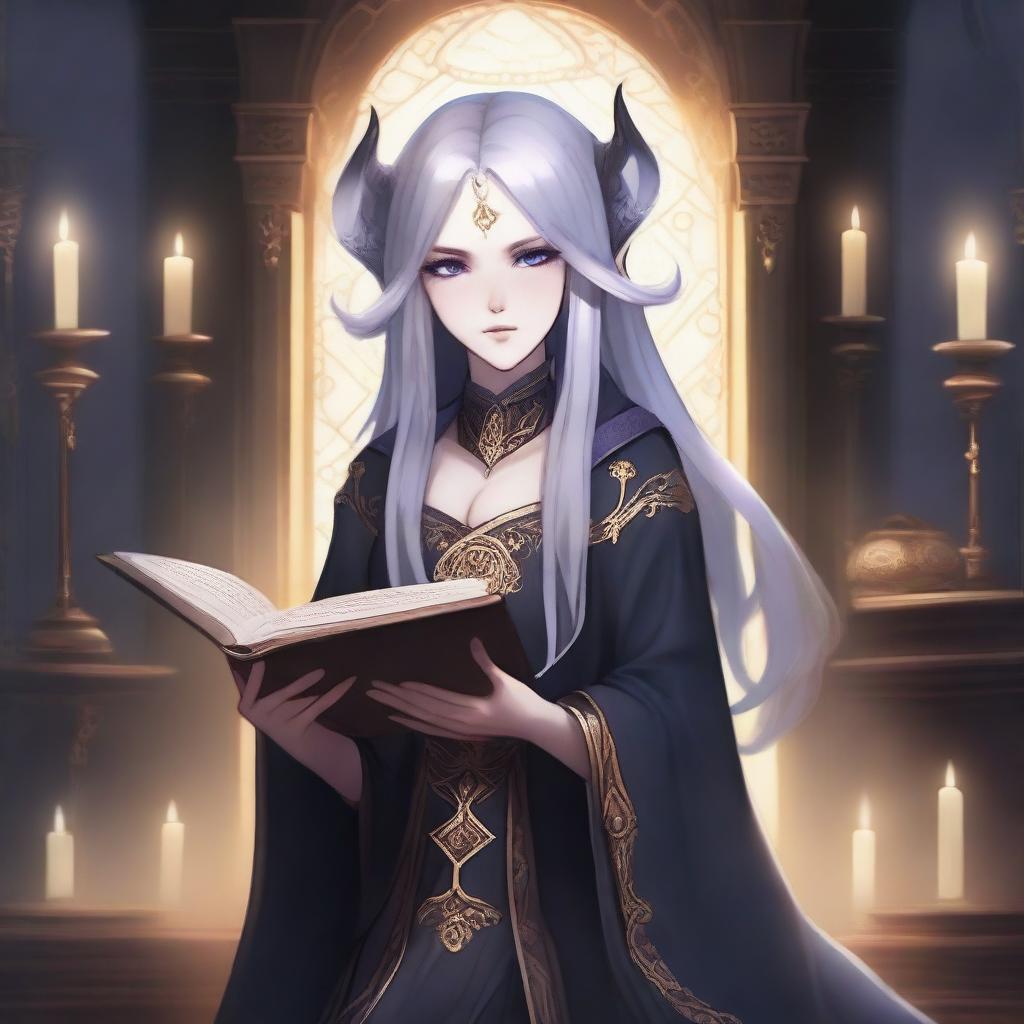 An anime-style depiction of a dark elf female holding a magic book