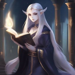 An anime-style depiction of a dark elf female holding a magic book