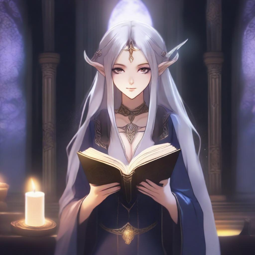 An anime-style depiction of a dark elf female holding a magic book