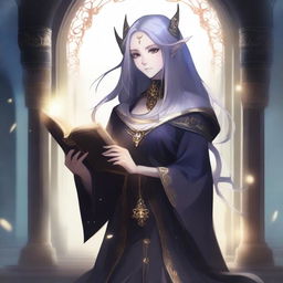 An anime-style depiction of a dark elf female holding a magic book