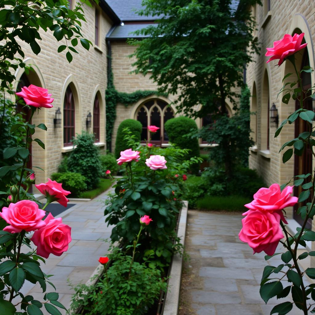 A serene courtyard of a convent adorned with blooming roses