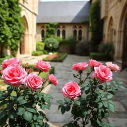 A serene courtyard of a convent adorned with blooming roses