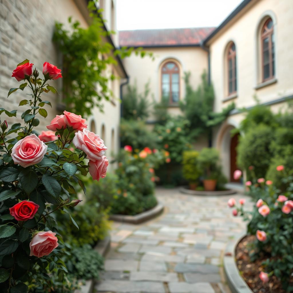 A serene courtyard of a convent adorned with blooming roses